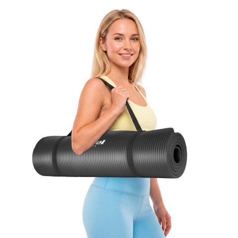 Mata gimnastyczna do ćwiczeń joga, pilates, fitness, 183x61cm, grubość 1cm, materiał NBR, czarna, REBEL ACTIVE