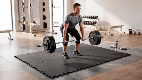Mata ochronna pod sprzęt fitness i do ćwiczeń na siłowni, puzzle 60x60cm, zestaw 9 szt., 180x180cm, REBEL ACTIVE