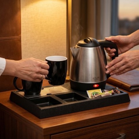 Adler Czajnik hotelowy ze stali nierdzewnej 1,2 l | Taca powitalna z kubkami i przegródkami