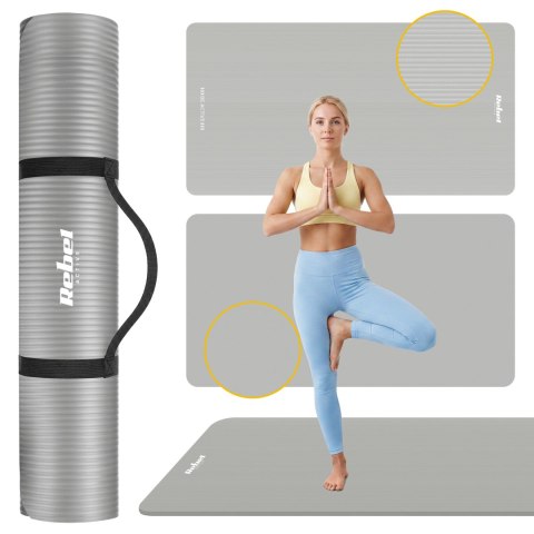 Mata gimnastyczna do ćwiczeń joga, pilates, fitness, 190x100cm, grubość 1.5cm, materiał NBR, szara, REBEL ACTIVE