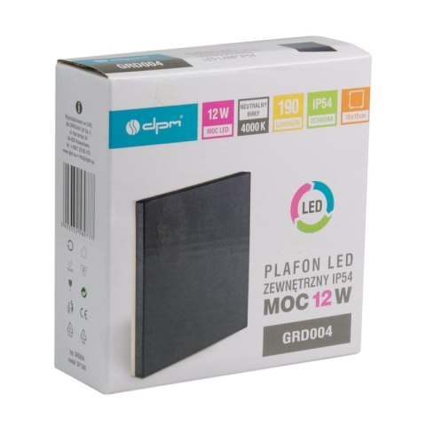 Plafon LED zewnętrzny, IP54, 12 W, 190 lm, 4000 K, kwadratowy, czarny DPM