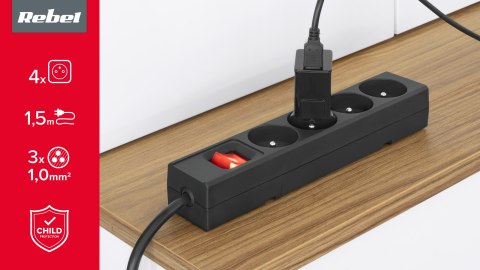 Przedłużacz 4 gniazda 1,5m typu francuskiego z przełącznikiem (3x1,0mm) Rebel czarny