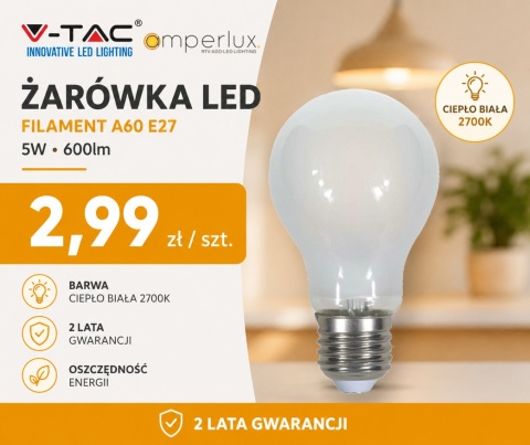 Żarówka LED V-TAC 5W Filament E27 A60 Mrożona VT-2045 2700K 600lm mleczna