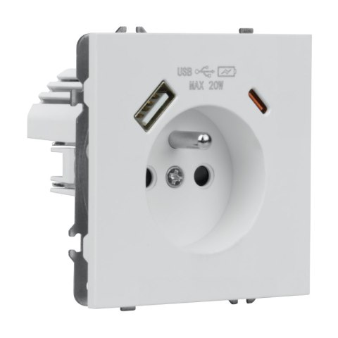Gniazdo z uziemieniem + 2 x USB, białe, MOXY