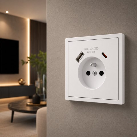 Gniazdo z uziemieniem + 2 x USB, białe, MOXY