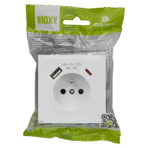Gniazdo z uziemieniem + 2 x USB, białe, MOXY