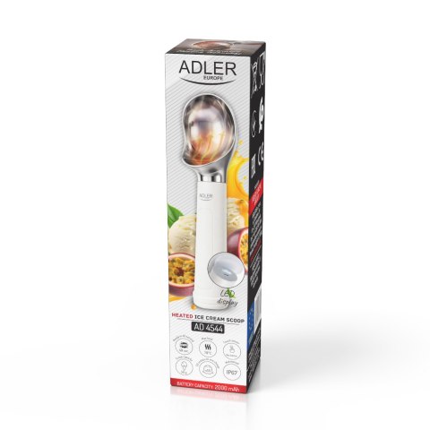 Adler Podgrzewana Gałkownica do Lodów, Elektryczna Łyżka do Lodów z LED, USB-C, Czujnik Chwytu, 70°C, 50 Porcji na Ładowaniu