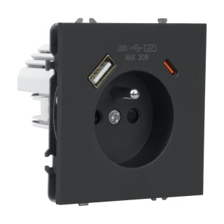 Gniazdo z uziemieniem + 2 x USB, czarne, MOXY