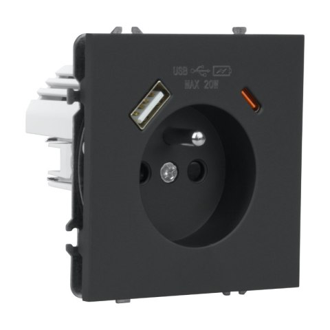 Gniazdo z uziemieniem + 2 x USB, czarne, MOXY