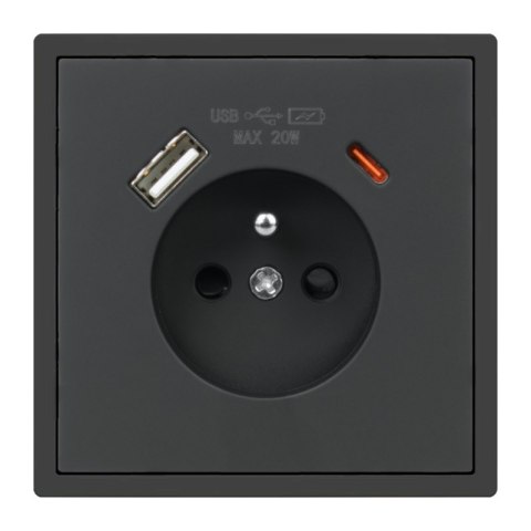 Gniazdo z uziemieniem + 2 x USB, czarne, MOXY