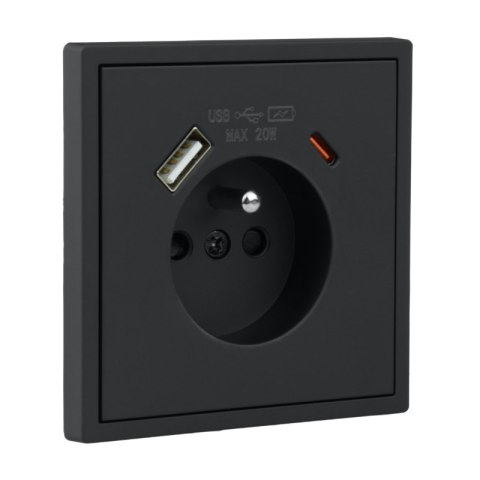 Gniazdo z uziemieniem + 2 x USB, czarne, MOXY
