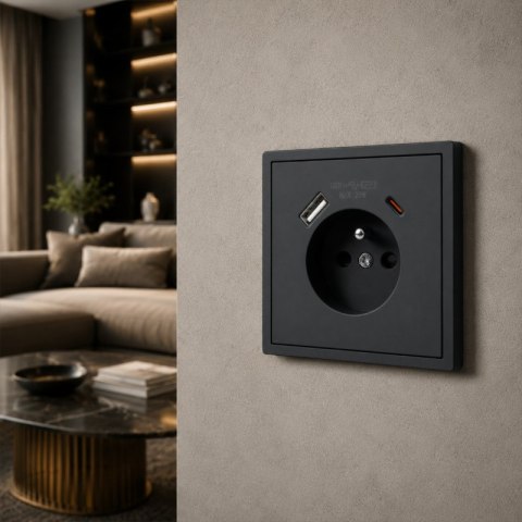 Gniazdo z uziemieniem + 2 x USB, czarne, MOXY