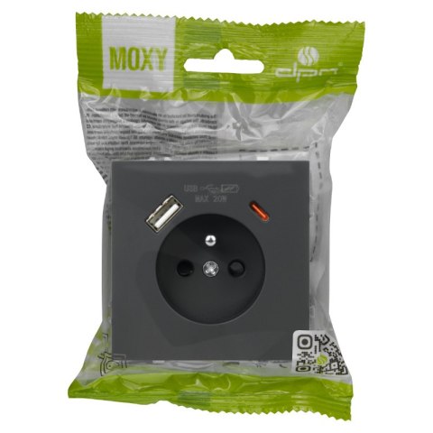 Gniazdo z uziemieniem + 2 x USB, czarne, MOXY