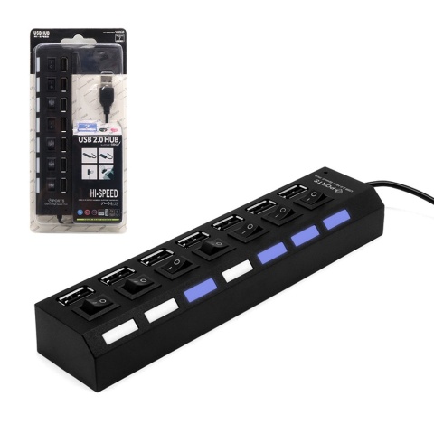 HUB USB 2.0 7 portowy z wyłącznikami każdego gniazda i podświetleniem aktywny