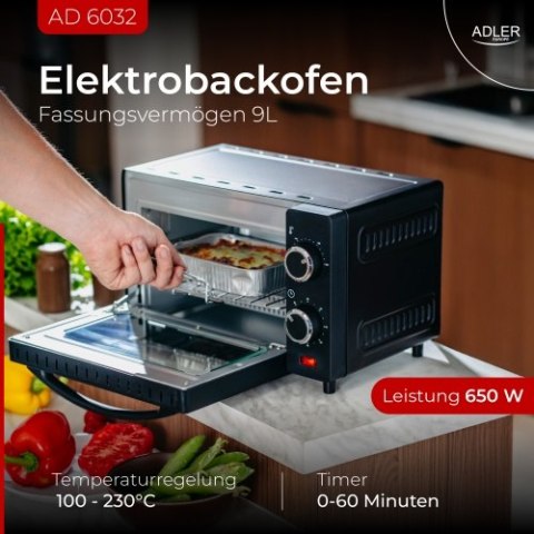 Adler Piekarnik elektryczny 9L | Regulacja temperatury | Minutnik |