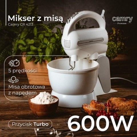 Camry Mikser z Misą 3L, 600W, 5 Prędkości + Turbo, Obrotowa Misa z Napędem, Trzepaki i Mieszadła SUS304