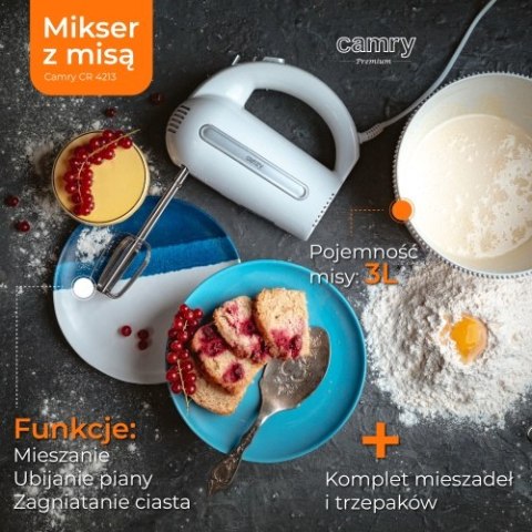 Camry Mikser z Misą 3L, 600W, 5 Prędkości + Turbo, Obrotowa Misa z Napędem, Trzepaki i Mieszadła SUS304