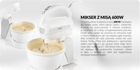 Camry Mikser z Misą 3L, 600W, 5 Prędkości + Turbo, Obrotowa Misa z Napędem, Trzepaki i Mieszadła SUS304