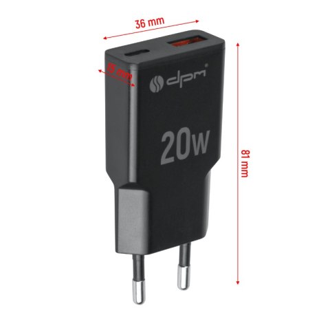 Ładowarka sieciowa 2 x USB (A+C), QC 3.0, PD, PPS, 3 A, 20 W, czarna