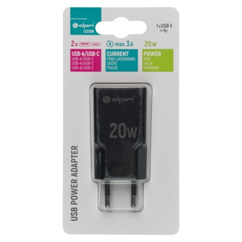 Ładowarka sieciowa 2 x USB (A+C), QC 3.0, PD, PPS, 3 A, 20 W, czarna