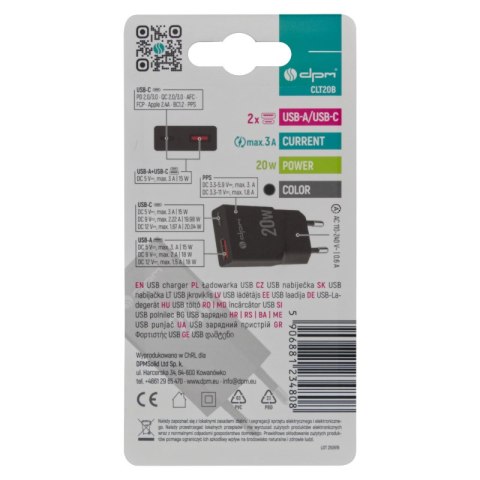 Ładowarka sieciowa 2 x USB (A+C), QC 3.0, PD, PPS, 3 A, 20 W, czarna