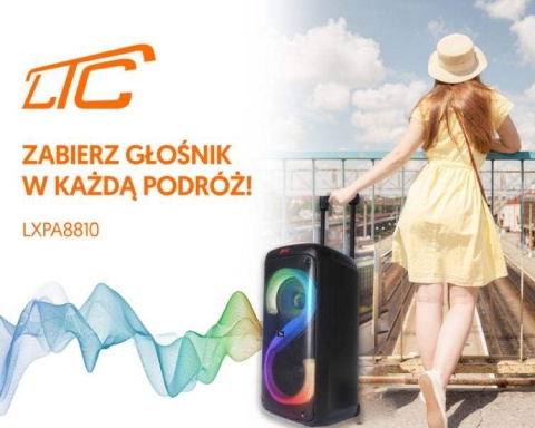 Głośnik bluetooth LTC RGB 2x8`` 400W, 2 mikrofony i pilot USB/SD/AUX/FM 7200mAh