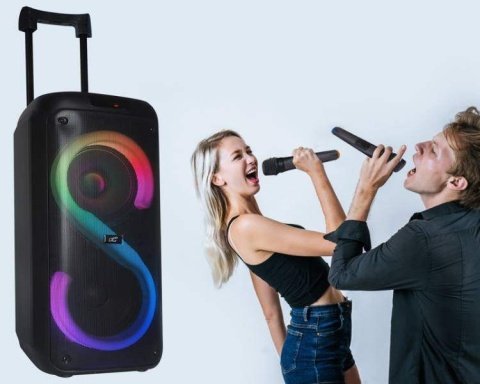Głośnik bluetooth LTC RGB 2x8`` 400W, 2 mikrofony i pilot USB/SD/AUX/FM 7200mAh