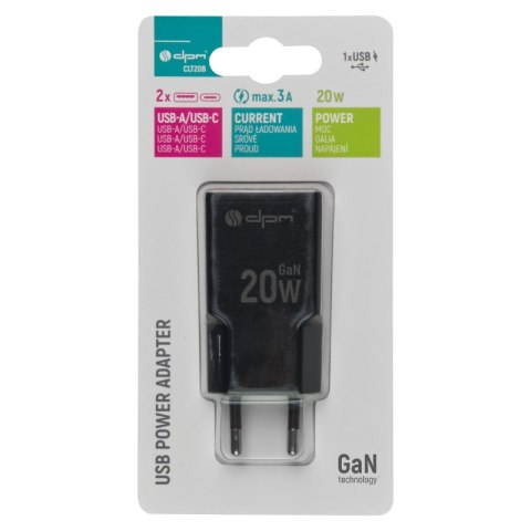 Ładowarka sieciowa 2 x USB (A+C), QC 3.0, PD, PPS, 3 A, 20 W, czarna