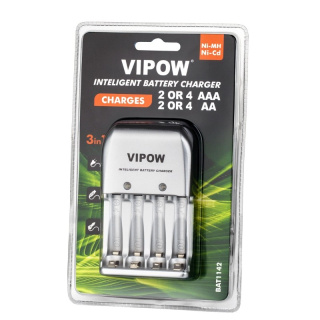 Vipow ładowarka akumulatorów 3w1, 4 sloty AA, AAA do domu, samochodu, pod USB