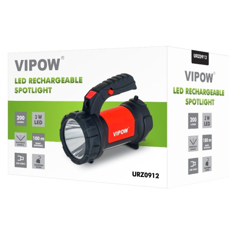 Vipow szperacz latarka diodowa LED + COB 3W z akumulatorem 2000mAh, ładowana przez port USB, czerwona