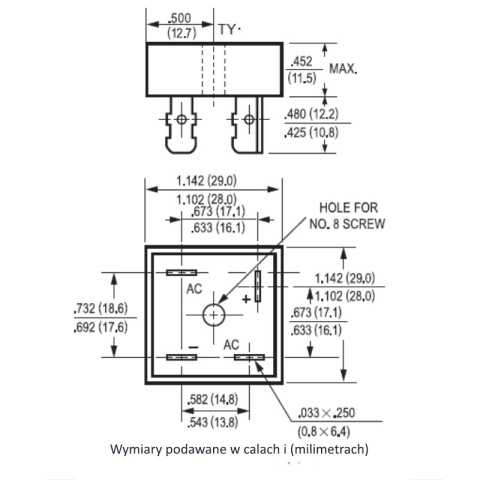 Mostek prostowniczy jednofazowy, Graetza KBPC5001 do 100V 50A