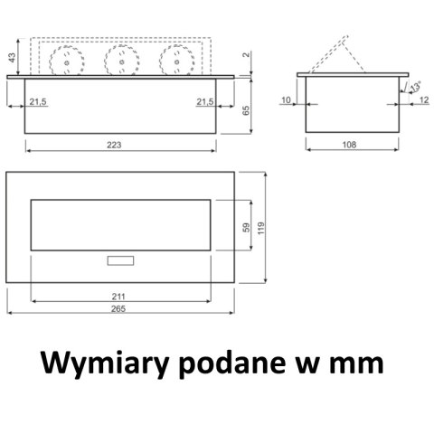 Orno gniazdo wpuszczane w blat 3x2P+Z czarne z płaskim rantem 10A 2500W